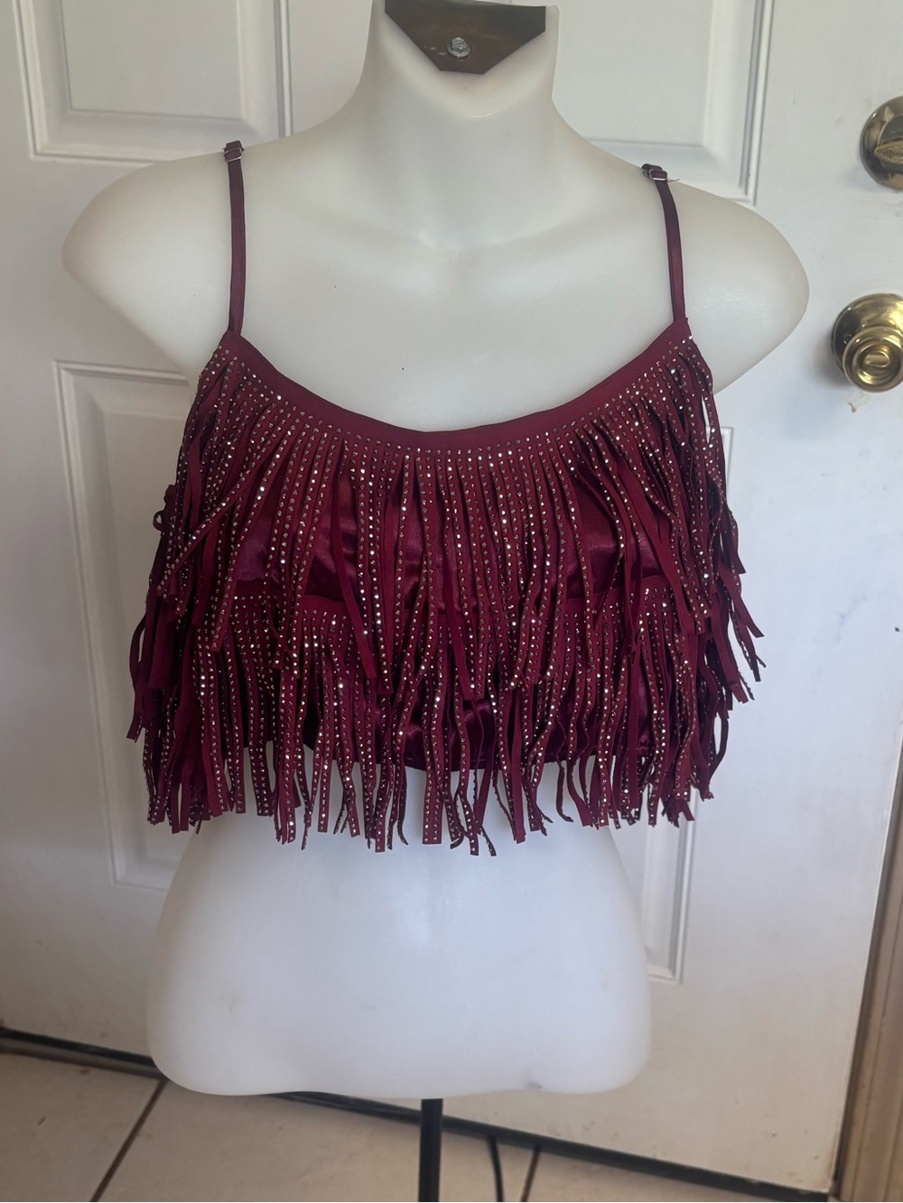Med Cloud 10 Burgundy Rhinestone Fringe spaghetti strap crop top.